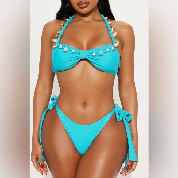 Slice Of Paradise Shells & Pearls 3 Piece Bikini Skirt Set - Turquoise - Picture 2 of 4